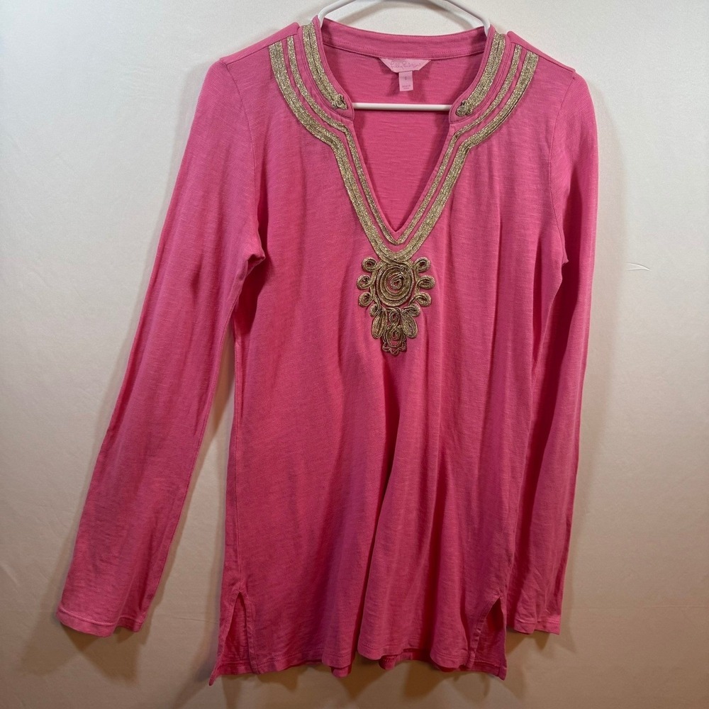 Lilly Pulitzer Pink Cotton Gold Soutache Embroidery Tunic Top Long Sleeve Small - Picture 2 of 9